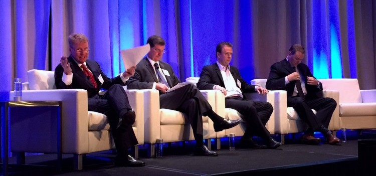 Steve Blumenthal (left), CEO, CMG Capital Management Group moderating the panel "Choosing an Index Provider" at ETF Boot Camp, NYC, Sept. 2015. On the panel: Ken O'Keefe, Global Head of ETFs, FTSE Russell, Robert Hughes, Head of Index & Advisor Solutions, NASDAQ, Steffen Scheuble, CEO Solactive
